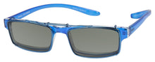 Load image into Gallery viewer, Polarized Clip-On Sunglasses, blue framed readers and case included.