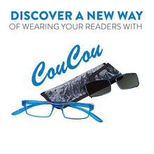 Load image into Gallery viewer, Clip on sunglasses with blue framed readers. Case included from CouCu. 
